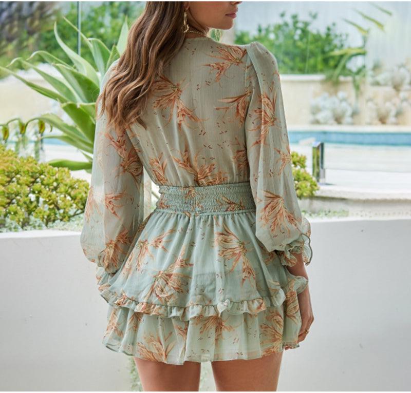 Green Floral Print Front Bow Tie Summer Dress - Women A-line Deep V-Neck Mini Dresses Ruffle Party Vestidos Clothing (BWD)(WS06)(F30)(2U30) - Deals DejaVu