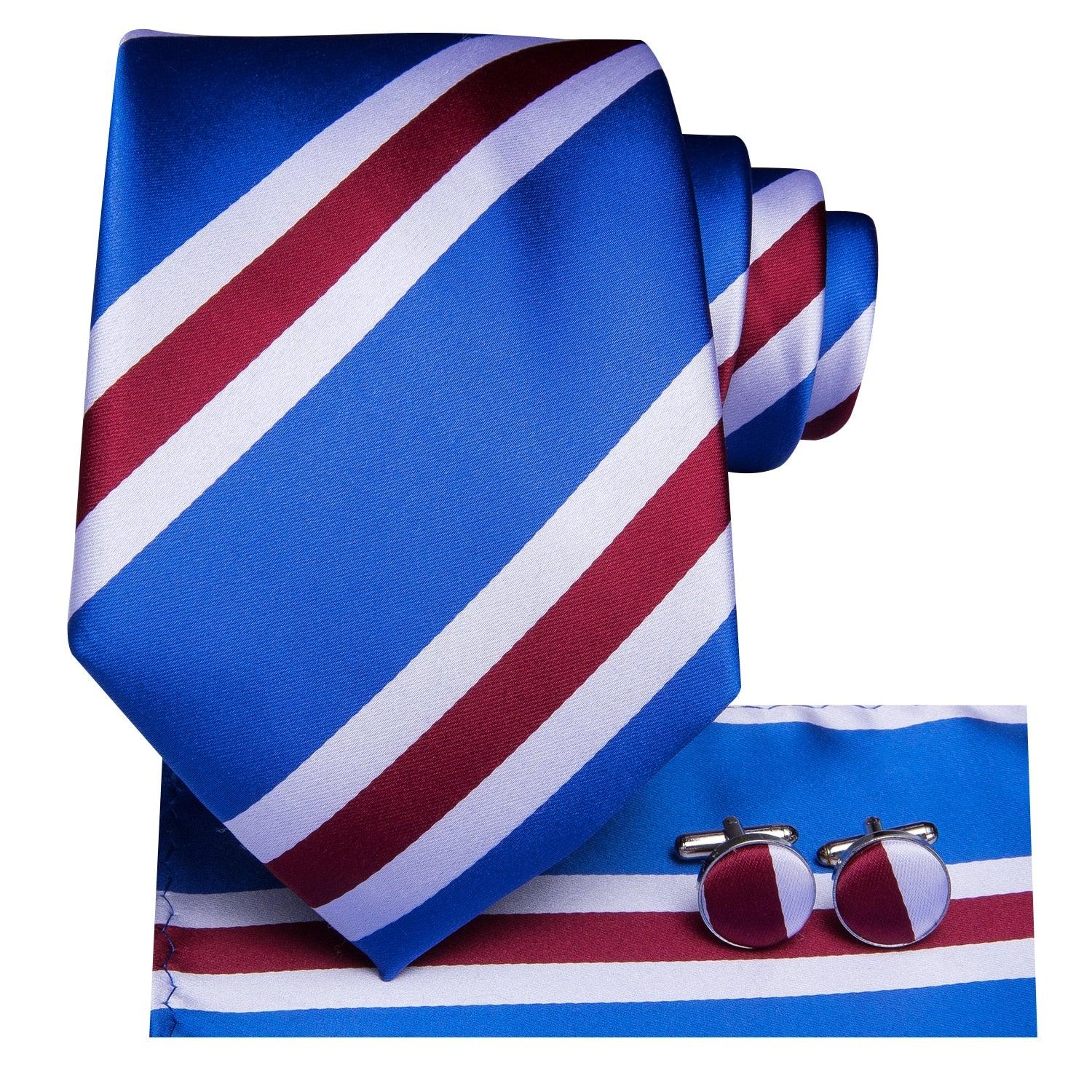 Luxury Men's Tie Blue Striped Business Silk Set Gift - Men Fashion Hanky Cufflinks Set (MA2)(F17)