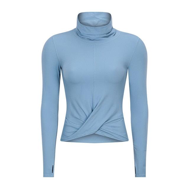 Great High Collar Yoga Crop Tops - With Thumb Hole - Sports Athletic Women Long Sleeve Shirts - Twist Fitness Gym Tops - High Quality (1U24)