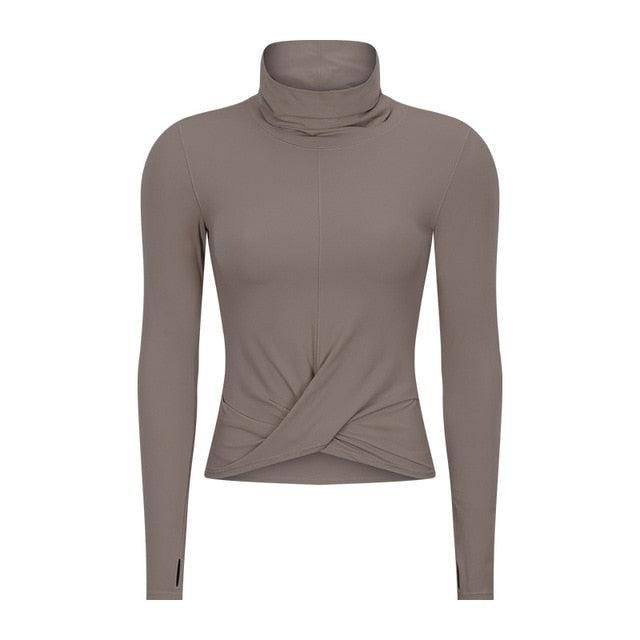 Great High Collar Yoga Crop Tops - With Thumb Hole - Sports Athletic Women Long Sleeve Shirts - Twist Fitness Gym Tops - High Quality (1U24)