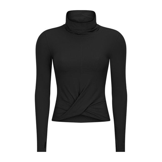 Great High Collar Yoga Crop Tops - With Thumb Hole - Sports Athletic Women Long Sleeve Shirts - Twist Fitness Gym Tops - High Quality (1U24)