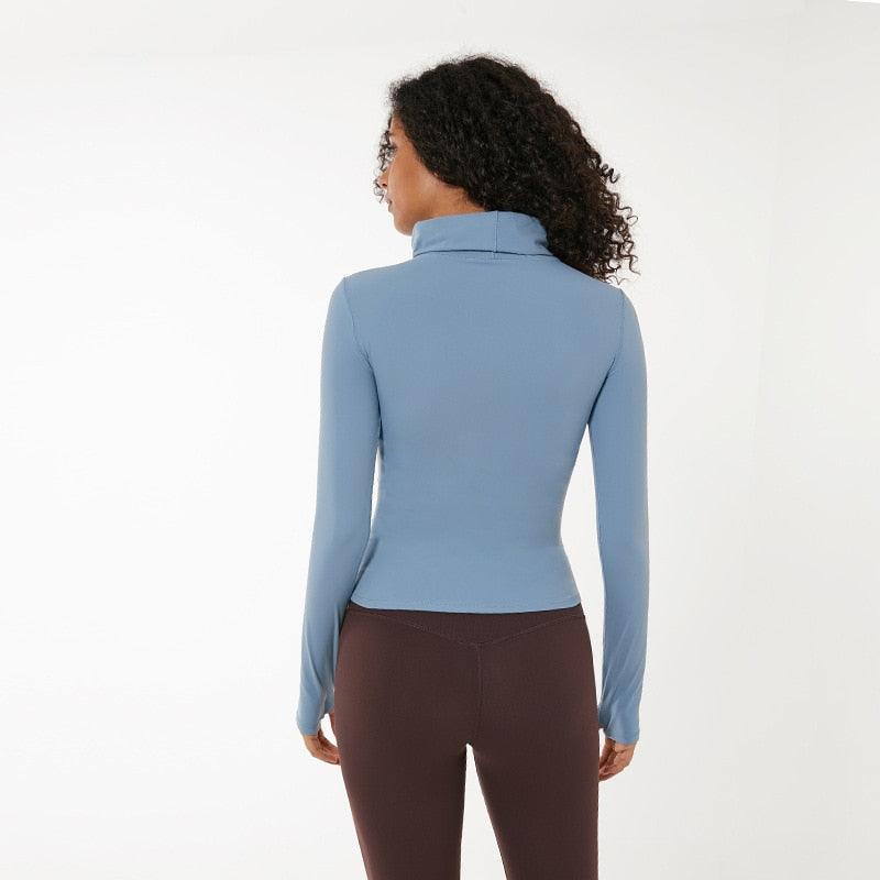 Great High Collar Yoga Crop Tops - With Thumb Hole - Sports Athletic Women Long Sleeve Shirts - Twist Fitness Gym Tops - High Quality (1U24)