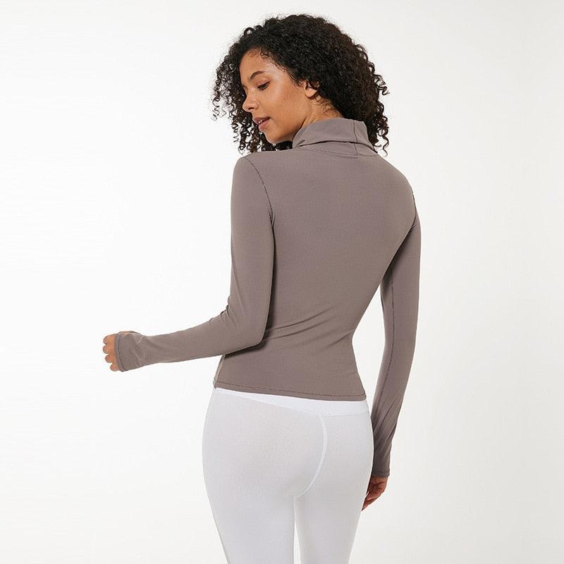 Great High Collar Yoga Crop Tops - With Thumb Hole - Sports Athletic Women Long Sleeve Shirts - Twist Fitness Gym Tops - High Quality (1U24)