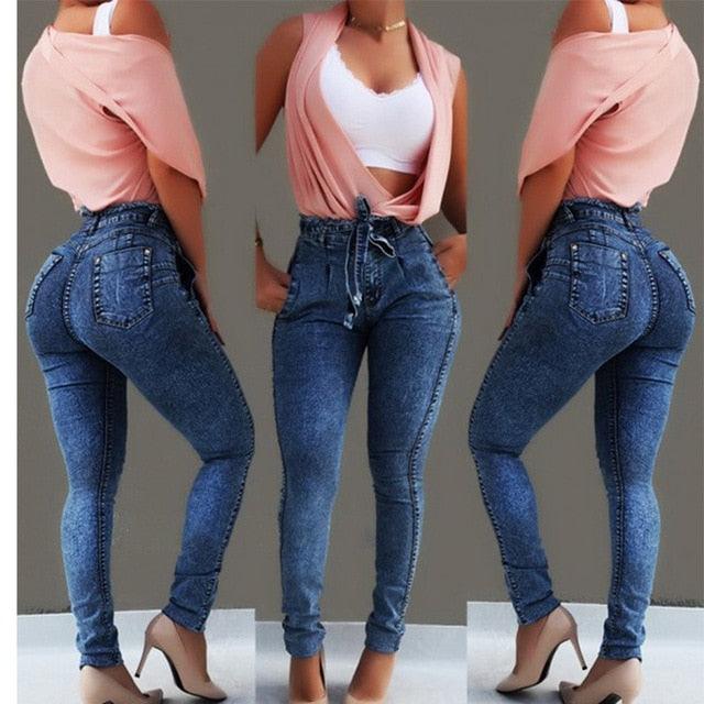 Gorgeous High Waist Jeans - Women Slim Stretch Denim Jean - Tassel Belt Bandage Skinny Push Up Jeans (TB6)(BCD3)(F21)