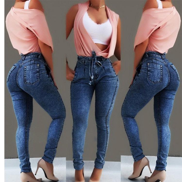 Gorgeous High Waist Jeans - Women Slim Stretch Denim Jean - Tassel Belt Bandage Skinny Push Up Jeans (TB6)(BCD3)(F21)