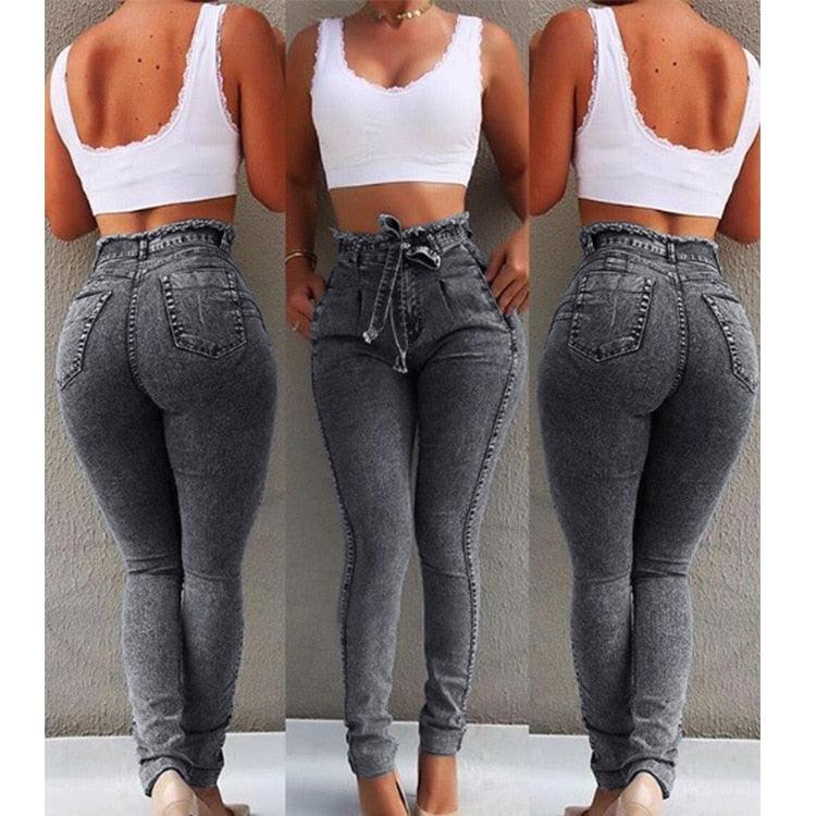 Gorgeous High Waist Jeans - Women Slim Stretch Denim Jean - Tassel Belt Bandage Skinny Push Up Jeans (TB6)(BCD3)(F21)