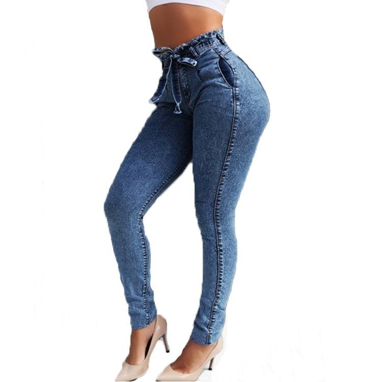 Gorgeous High Waist Jeans - Women Slim Stretch Denim Jean - Tassel Belt Bandage Skinny Push Up Jeans (TB6)(BCD3)(F21)