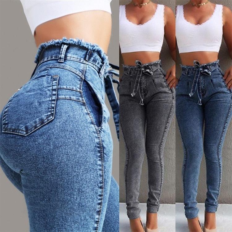 Gorgeous High Waist Jeans - Women Slim Stretch Denim Jean - Tassel Belt Bandage Skinny Push Up Jeans (TB6)(BCD3)(F21)