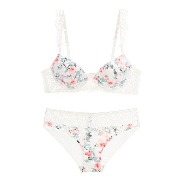 Beautiful Sexy Print Bra Set - Lace Trim Floral Women Lingerie Set - Push up Bow Bra + Hollow Out Panties (D27)(TSB4)