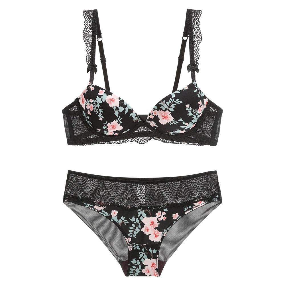 Beautiful Sexy Print Bra Set - Lace Trim Floral Women Lingerie Set - Push up Bow Bra + Hollow Out Panties (D27)(TSB4)