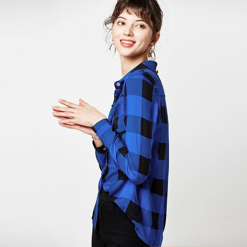 New Women Plaid Blouse Shirts - Plus Size Tops - Casual Long Sleeve Tunic Turn Down Collar Office Shirt (TB4)