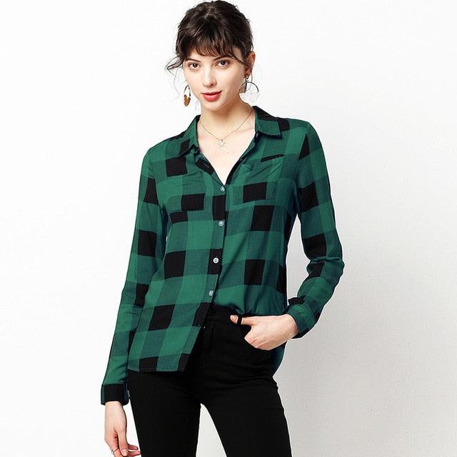 New Women Plaid Blouse Shirts - Plus Size Tops - Casual Long Sleeve Tunic Turn Down Collar Office Shirt (TB4)