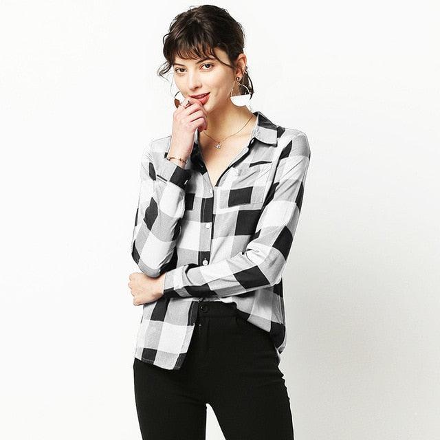 New Women Plaid Blouse Shirts - Plus Size Tops - Casual Long Sleeve Tunic Turn Down Collar Office Shirt (TB4)