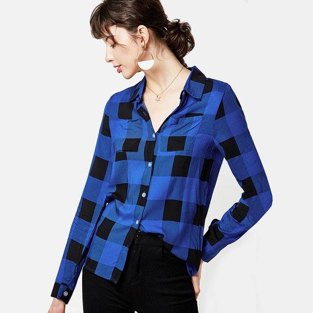 New Women Plaid Blouse Shirts - Plus Size Tops - Casual Long Sleeve Tunic Turn Down Collar Office Shirt (TB4)