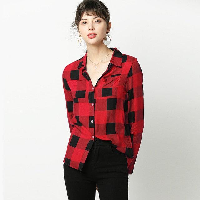 New Women Plaid Blouse Shirts - Plus Size Tops - Casual Long Sleeve Tunic Turn Down Collar Office Shirt (TB4)