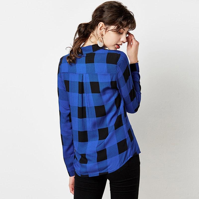 New Women Plaid Blouse Shirts - Plus Size Tops - Casual Long Sleeve Tunic Turn Down Collar Office Shirt (TB4)
