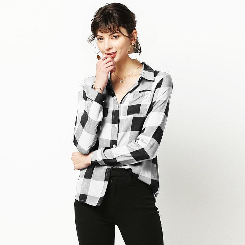 New Women Plaid Blouse Shirts - Plus Size Tops - Casual Long Sleeve Tunic Turn Down Collar Office Shirt (TB4)