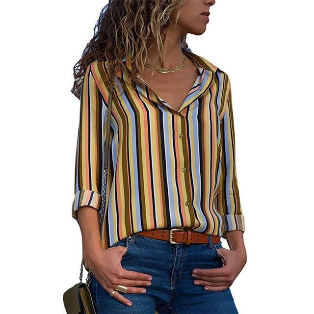 Fashion Striped Printed Ladies Shirt - Long Sleeve Blouse Turn Down Collar - Casual Office Shirts - Plus Size Blouse (D19)(TB4)