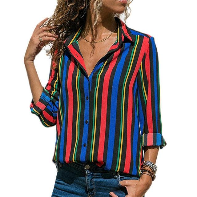 Fashion Striped Printed Ladies Shirt - Long Sleeve Blouse Turn Down Collar - Casual Office Shirts - Plus Size Blouse (D19)(TB4)