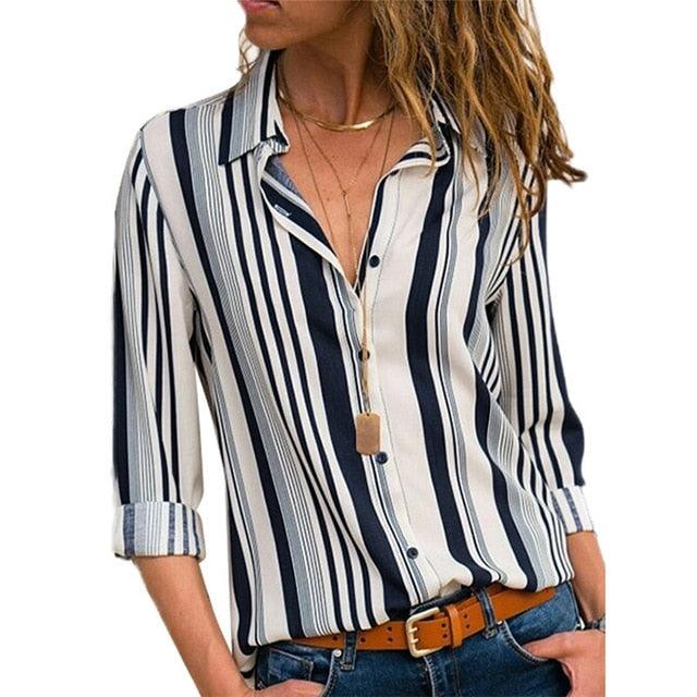 Fashion Striped Printed Ladies Shirt - Long Sleeve Blouse Turn Down Collar - Casual Office Shirts - Plus Size Blouse (D19)(TB4)