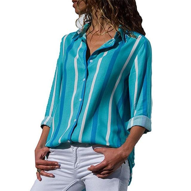 Fashion Striped Printed Ladies Shirt - Long Sleeve Blouse Turn Down Collar - Casual Office Shirts - Plus Size Blouse (D19)(TB4)