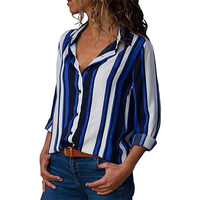 Fashion Striped Printed Ladies Shirt - Long Sleeve Blouse Turn Down Collar - Casual Office Shirts - Plus Size Blouse (D19)(TB4)