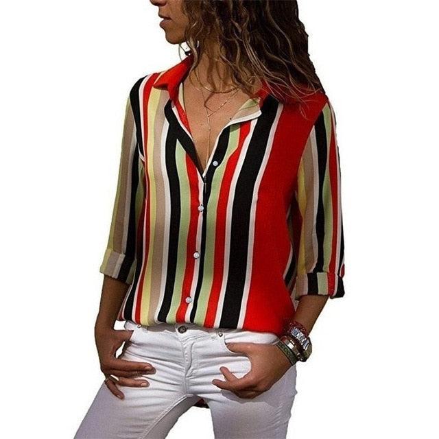 Fashion Striped Printed Ladies Shirt - Long Sleeve Blouse Turn Down Collar - Casual Office Shirts - Plus Size Blouse (D19)(TB4)