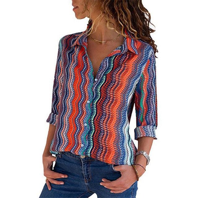 Great Women Blouses - Floral Print Long Sleeve Turn Down Collar Blouse Shirt - Striped Tunic - Plus Size (TB4)