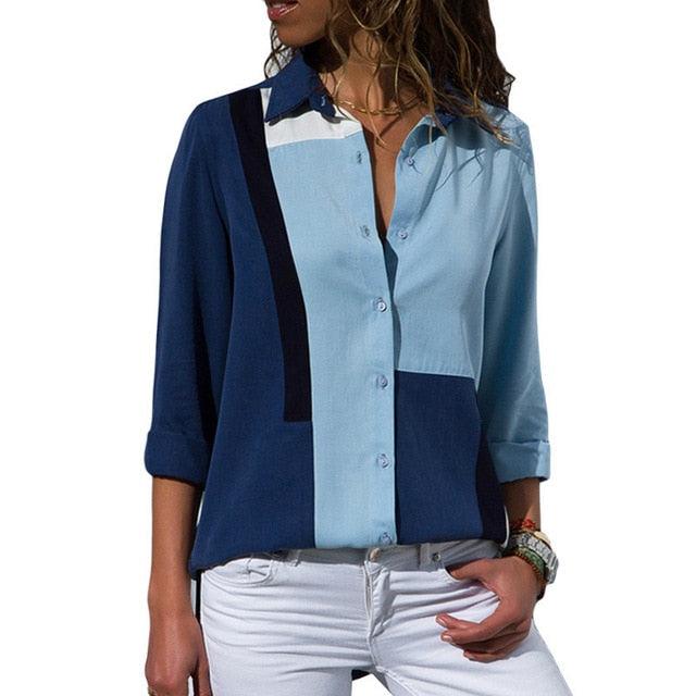 Great Women Blouses - Floral Print Long Sleeve Turn Down Collar Blouse Shirt - Striped Tunic - Plus Size (TB4)