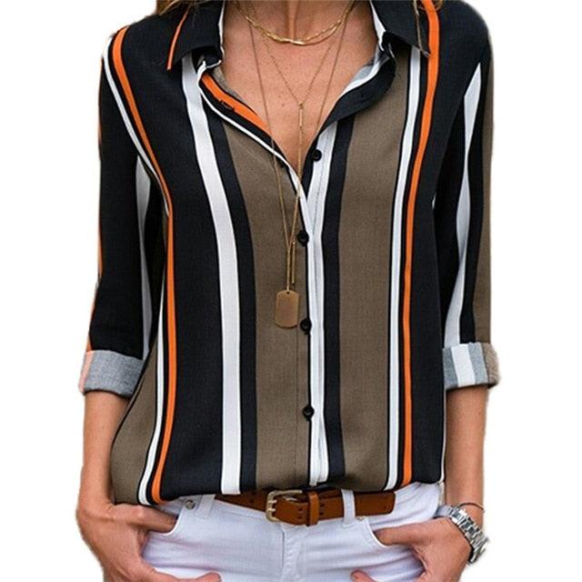 Great Women Blouses - Floral Print Long Sleeve Turn Down Collar Blouse Shirt - Striped Tunic - Plus Size (TB4)