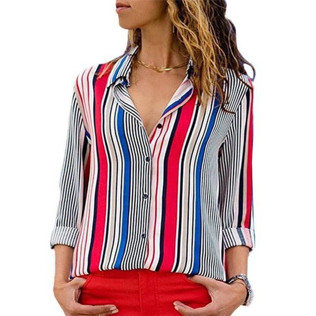 Great Women Blouses - Floral Print Long Sleeve Turn Down Collar Blouse Shirt - Striped Tunic - Plus Size (TB4)