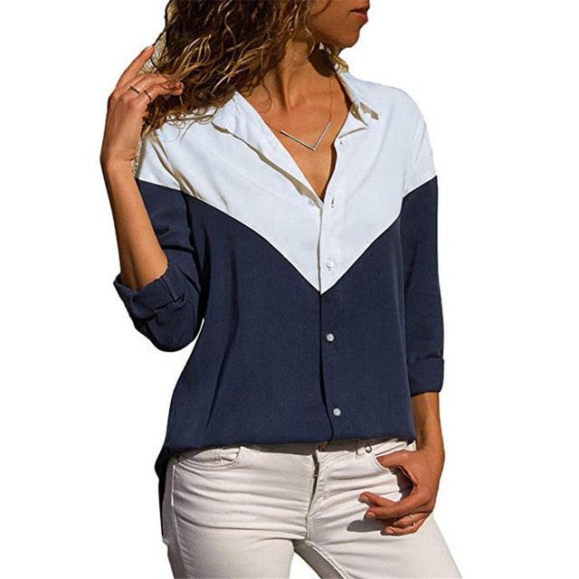 Great Women Blouses - Floral Print Long Sleeve Turn Down Collar Blouse Shirt - Striped Tunic - Plus Size (TB4)