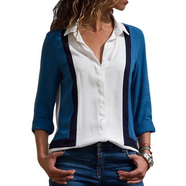 Great Women Blouses - Floral Print Long Sleeve Turn Down Collar Blouse Shirt - Striped Tunic - Plus Size (TB4)