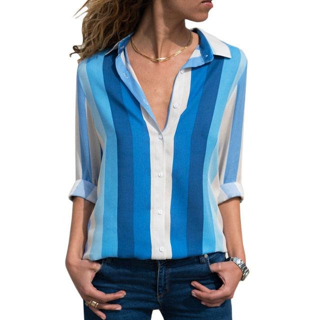 Great Women Blouses - Floral Print Long Sleeve Turn Down Collar Blouse Shirt - Striped Tunic - Plus Size (TB4)
