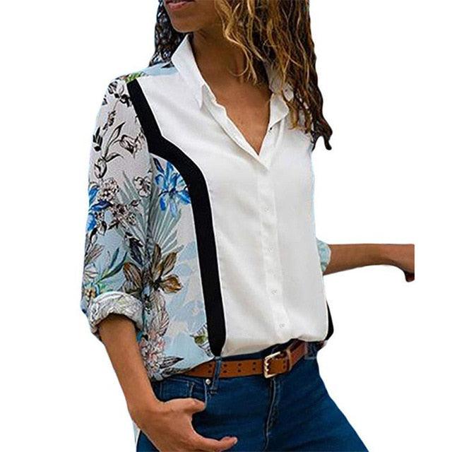 Great Women Blouses - Floral Print Long Sleeve Turn Down Collar Blouse Shirt - Striped Tunic - Plus Size (TB4)