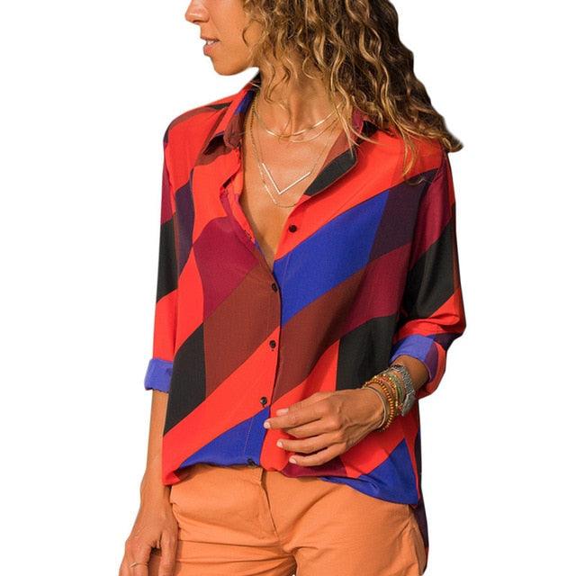 Great Women Blouses - Floral Print Long Sleeve Turn Down Collar Blouse Shirt - Striped Tunic - Plus Size (TB4)