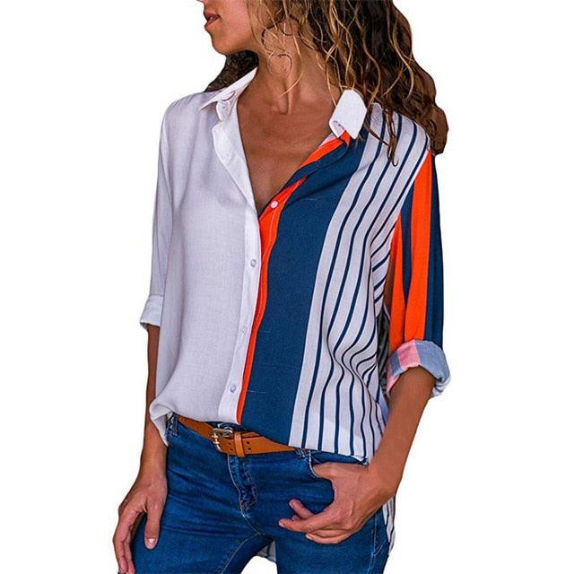 Great Women Blouses - Floral Print Long Sleeve Turn Down Collar Blouse Shirt - Striped Tunic - Plus Size (TB4)