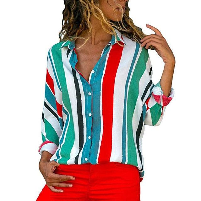 Great Women Blouses - Floral Print Long Sleeve Turn Down Collar Blouse Shirt - Striped Tunic - Plus Size (TB4)