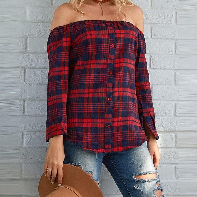 Fashion Off Shoulder Top - Long Sleeve Plaid Shirt - Slash Neck Office Lady Shirts - Casual Blouse (TB4)