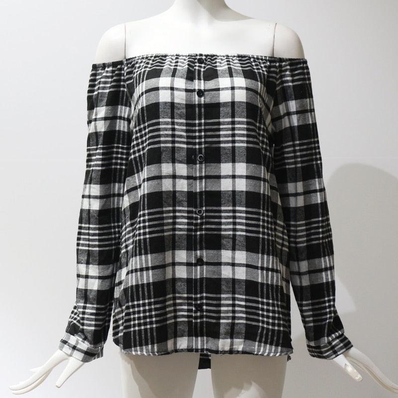 Fashion Off Shoulder Top - Long Sleeve Plaid Shirt - Slash Neck Office Lady Shirts - Casual Blouse (TB4)
