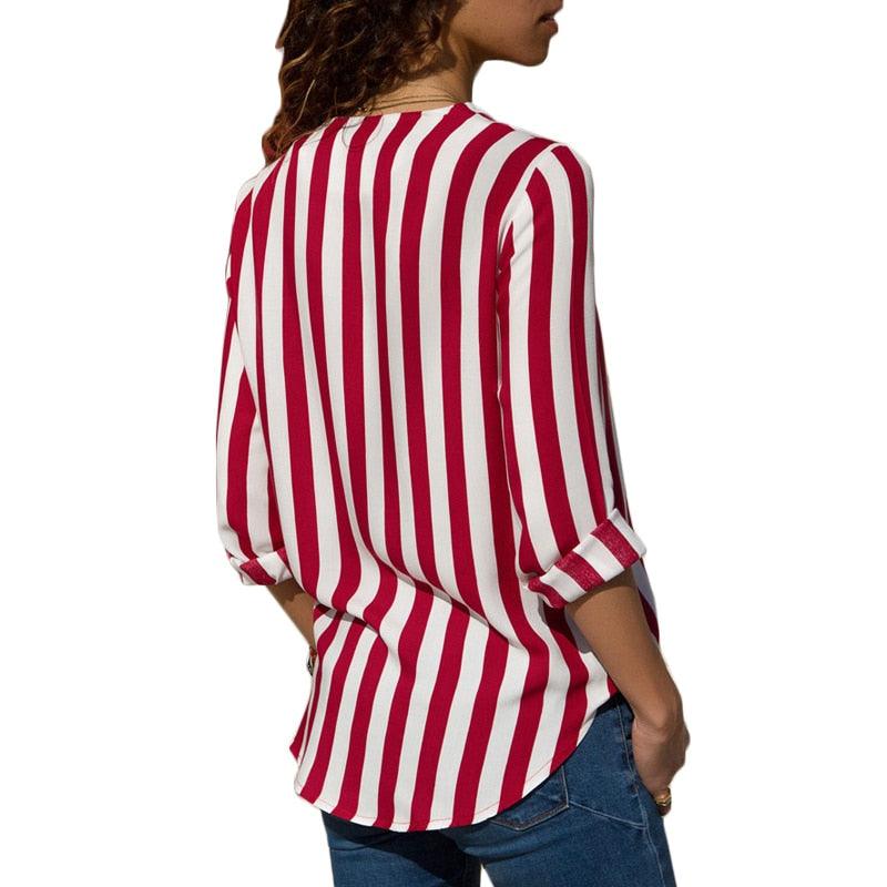 Women Sexy V-Neck Striped Blouse Shirt - Summer Casual Long Sleeve Work Blouses - Office Tops (TB1)