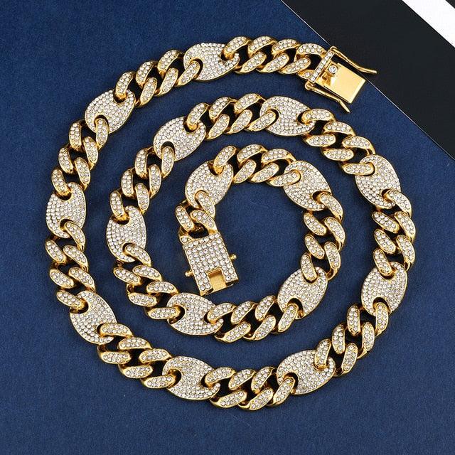 Great 12MM Bling AAA+ Iced Out Alloy Rhinestones - Bean Miami Cuban Link Chain Necklace (MJ4)