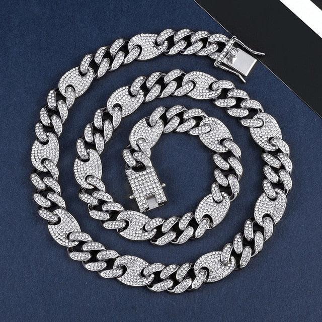 Great 12MM Bling AAA+ Iced Out Alloy Rhinestones - Bean Miami Cuban Link Chain Necklace (MJ4)