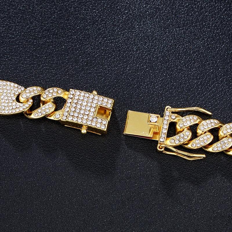 Great 12MM Bling AAA+ Iced Out Alloy Rhinestones - Bean Miami Cuban Link Chain Necklace (MJ4)