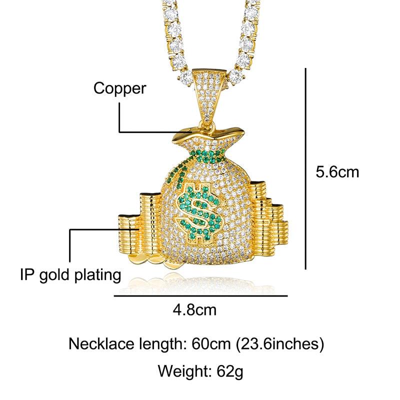 Great CZ Money Bag Cash Coins Iced Out Cubic Zircon Necklaces & Pendants (1U83)