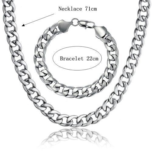 Cuban Link Chain Necklace & Bracelet Set - African Dubai Gold Color Stainless Steel Jewelry Sets (MJ4)(F83)
