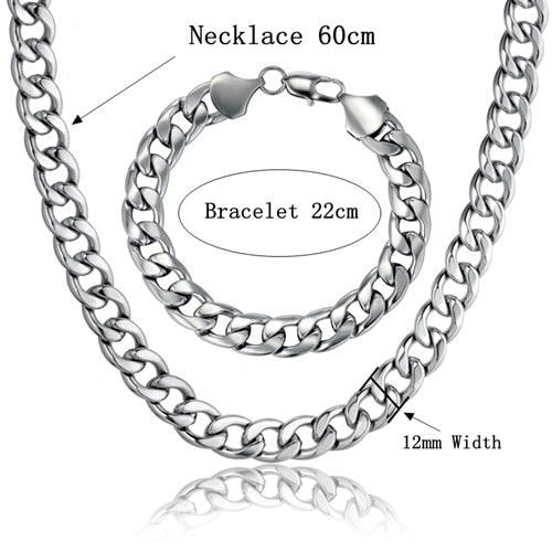Cuban Link Chain Necklace & Bracelet Set - African Dubai Gold Color Stainless Steel Jewelry Sets (MJ4)(F83)
