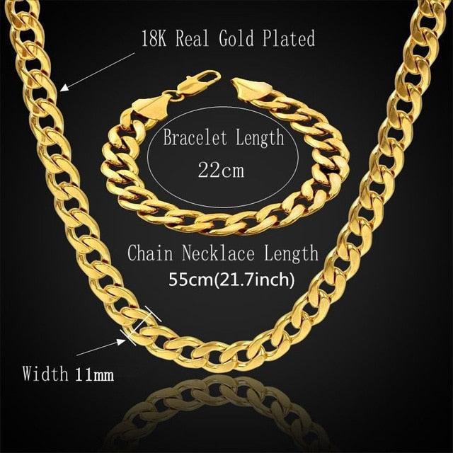 Cuban Link Chain Necklace & Bracelet Set - African Dubai Gold Color Stainless Steel Jewelry Sets (MJ4)(F83)