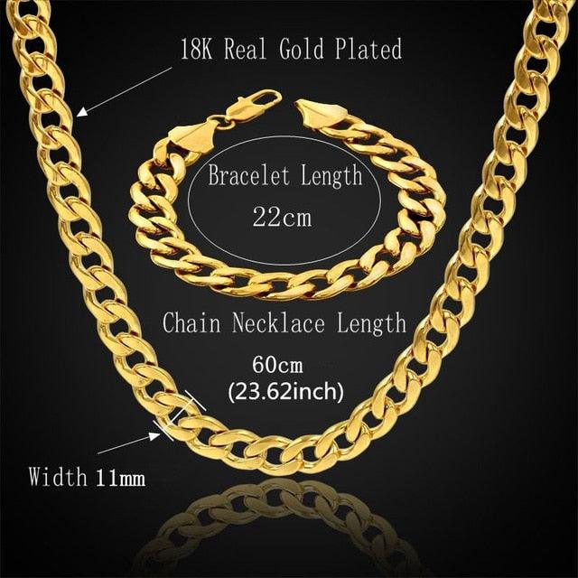 Cuban Link Chain Necklace & Bracelet Set - African Dubai Gold Color Stainless Steel Jewelry Sets (MJ4)(F83)