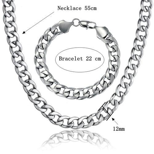 Cuban Link Chain Necklace & Bracelet Set - African Dubai Gold Color Stainless Steel Jewelry Sets (MJ4)(F83)